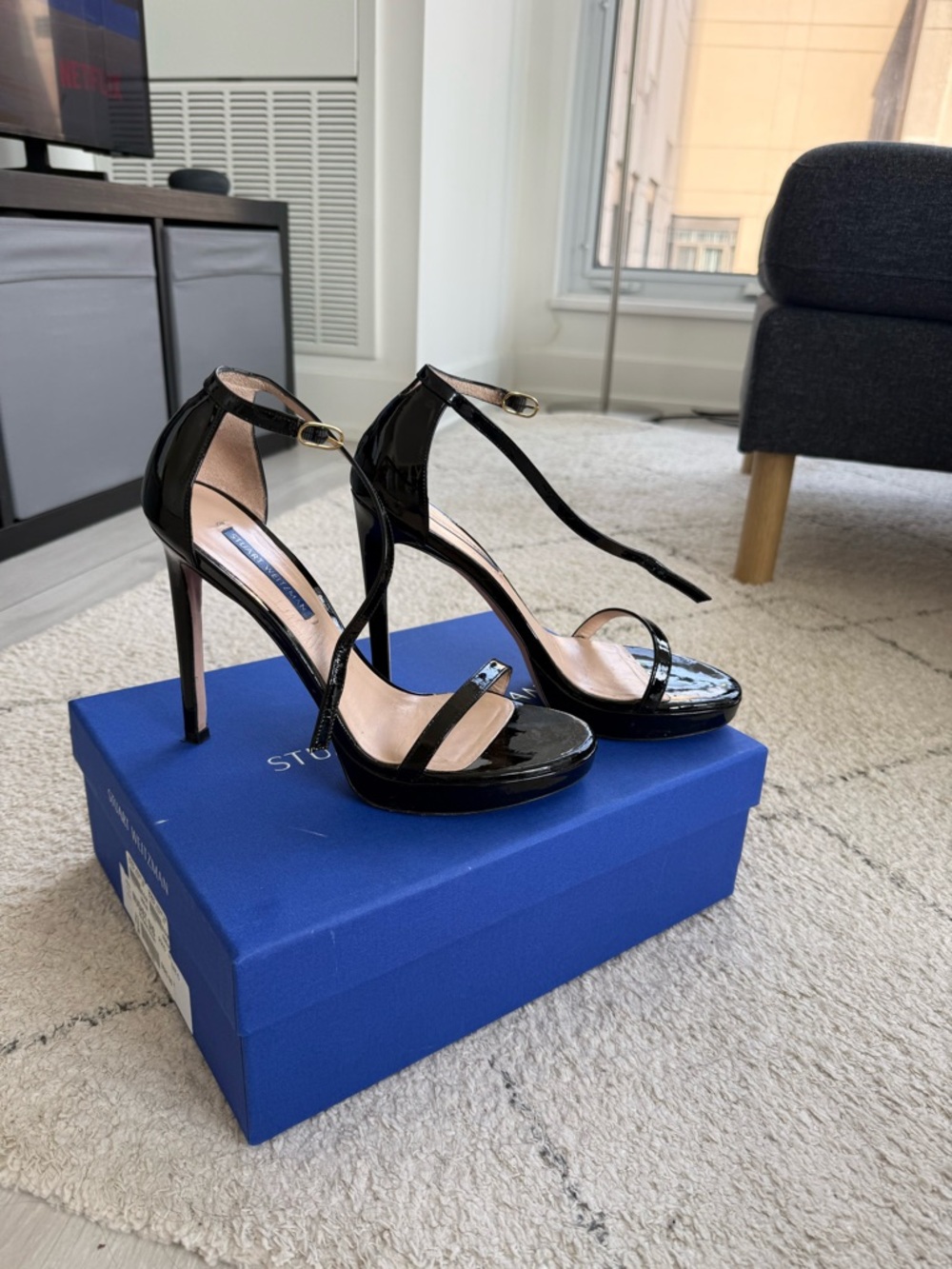 Stuart Weitzman Black Patent Leather Ankle-Strap Stilettos
